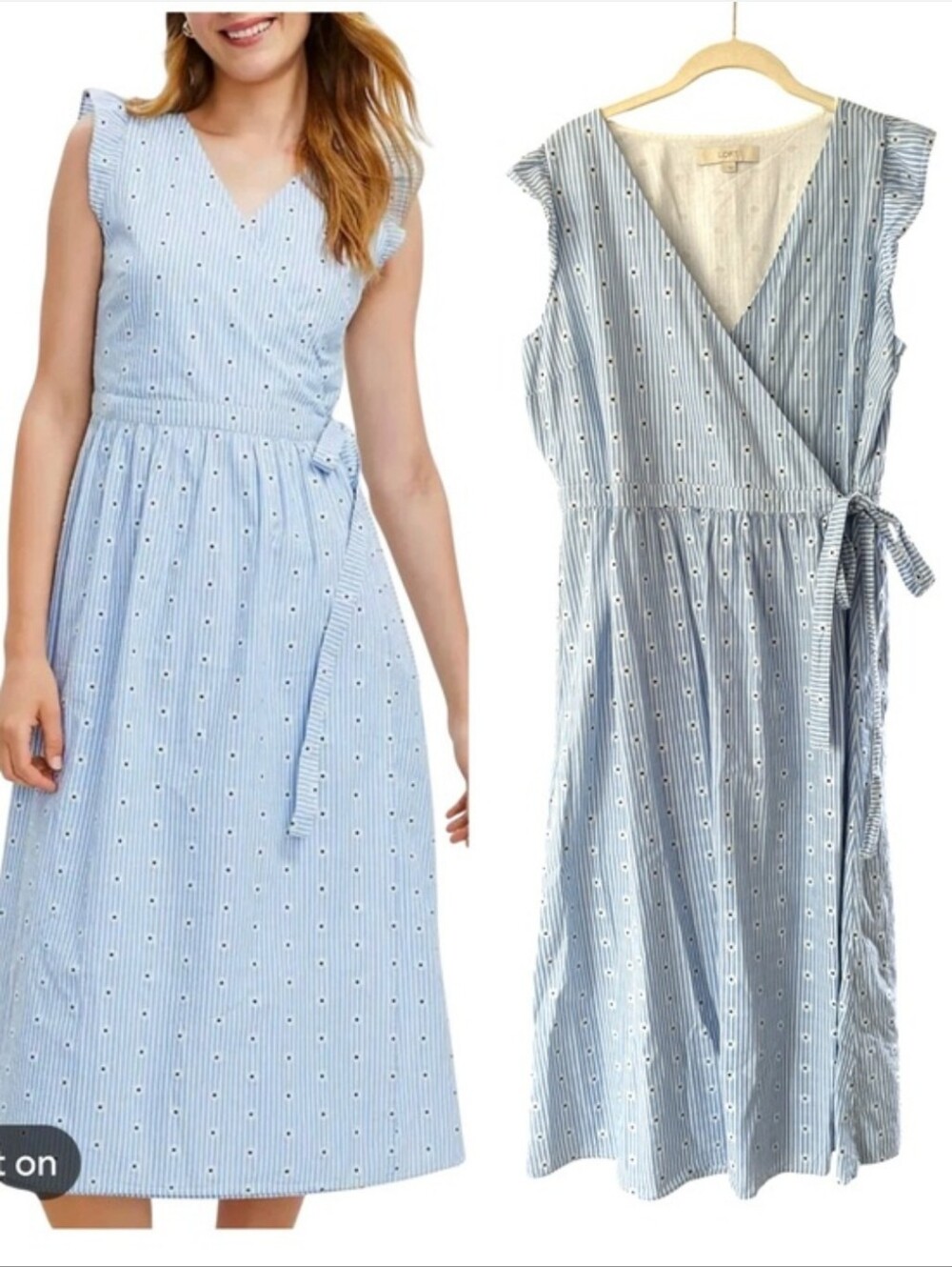 LOFT Blue Striped Wrap Midi Dress Floral Dot Size Large Cottage Preppy Coastal